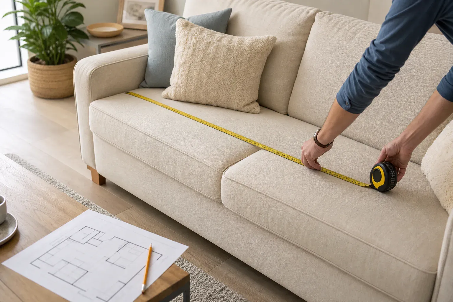 A cream sofa being measured before purchase