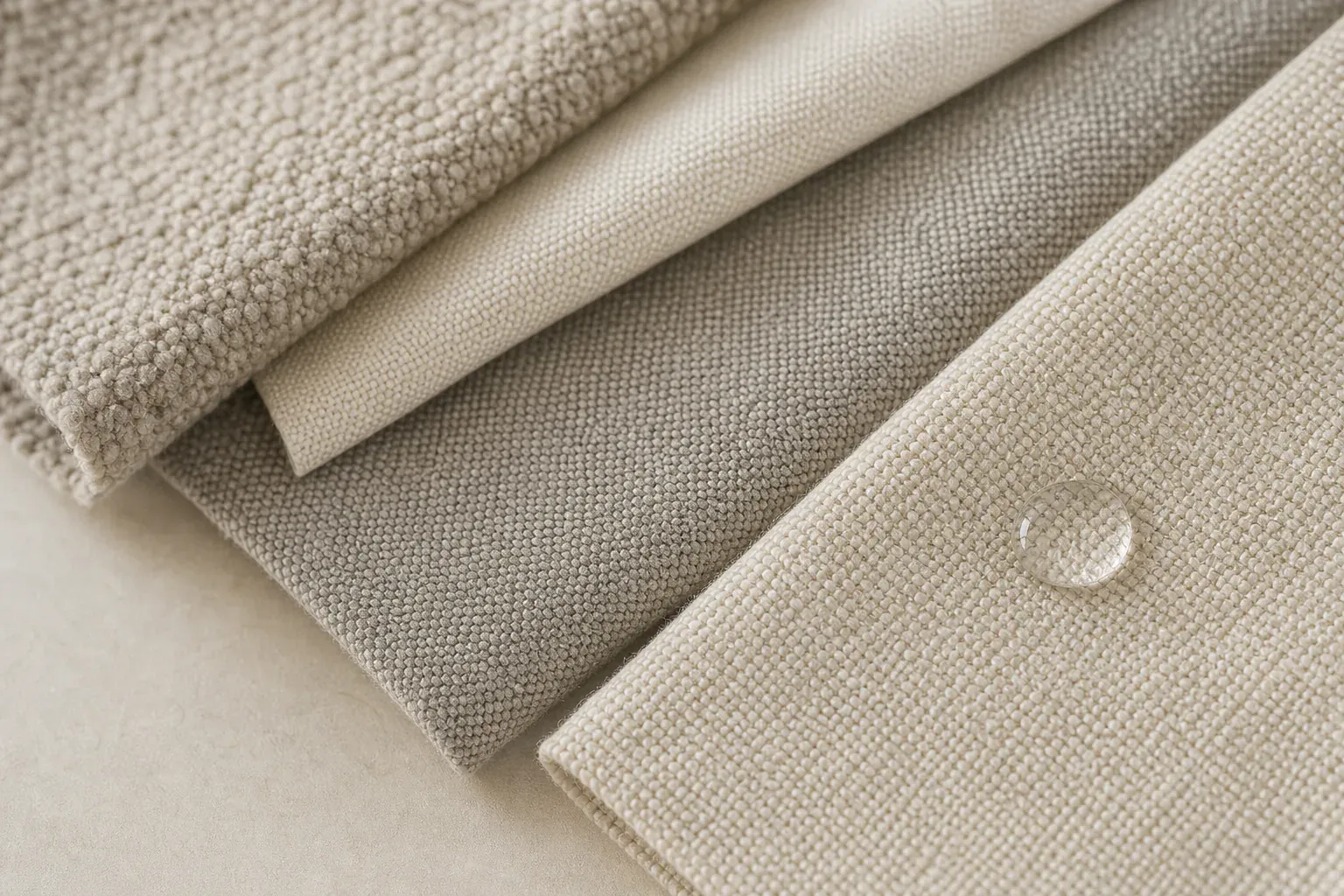 Neutral performance upholstery swatches with a water droplet