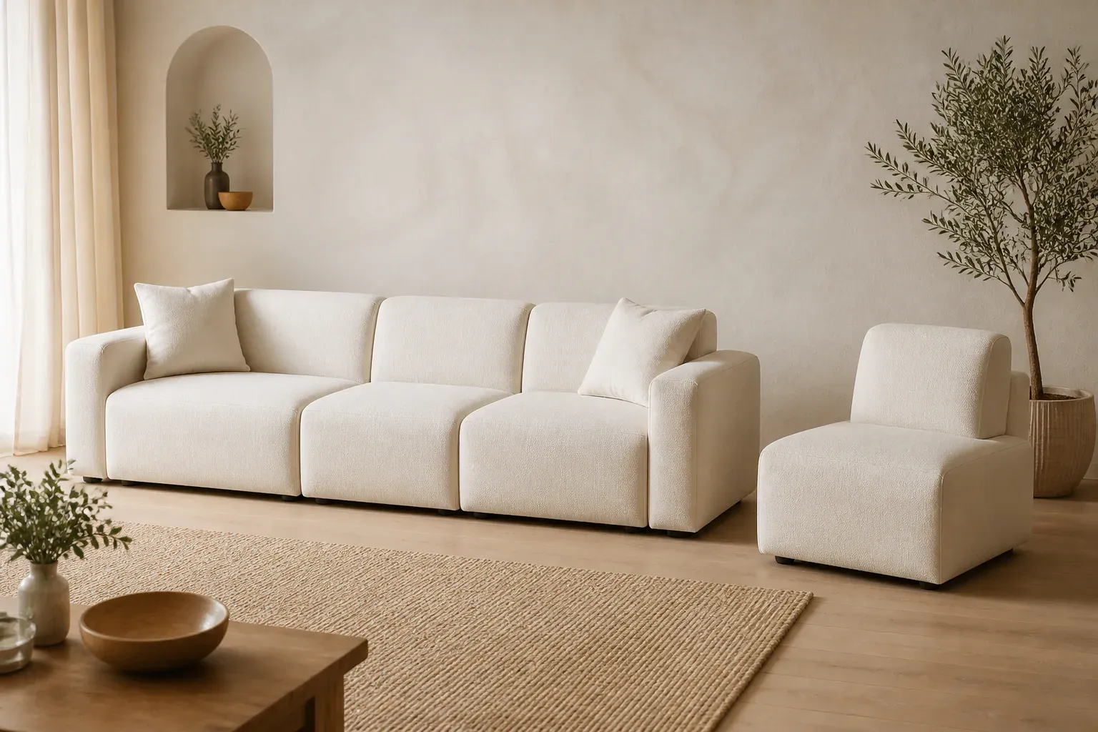 Cream modular sofa with one seating module separated