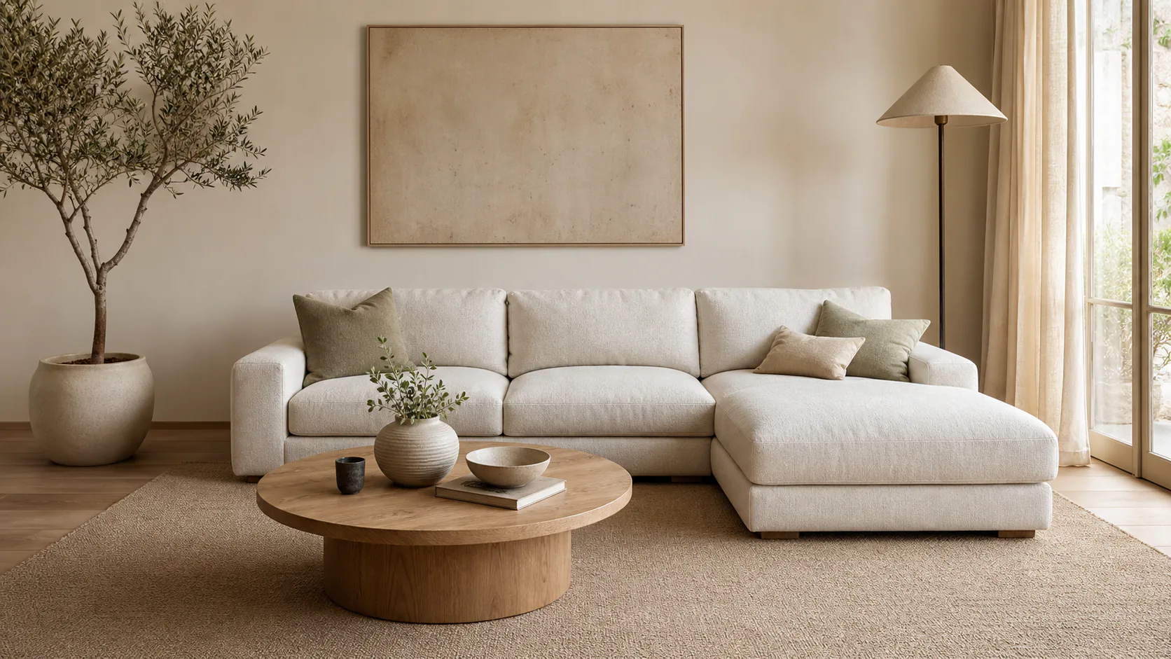Warm living room with a deep cream sofa